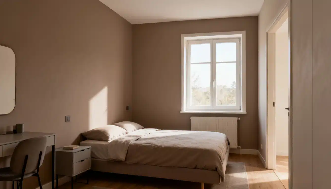 A neutral-toned bedroom with a bed, window, desk, and open doorway.