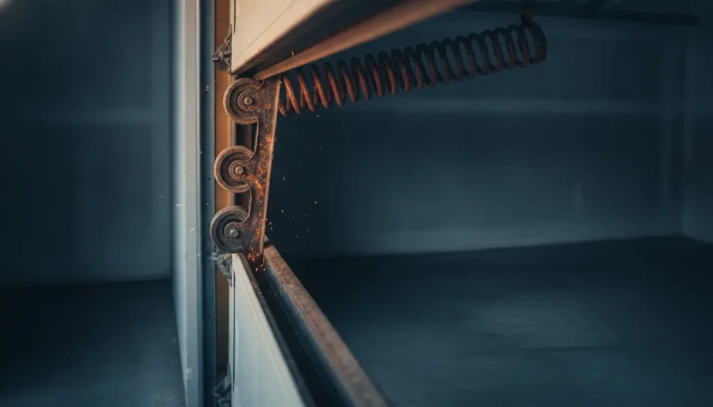 Close-up of garage door mechanism with metal spring and dark interior background