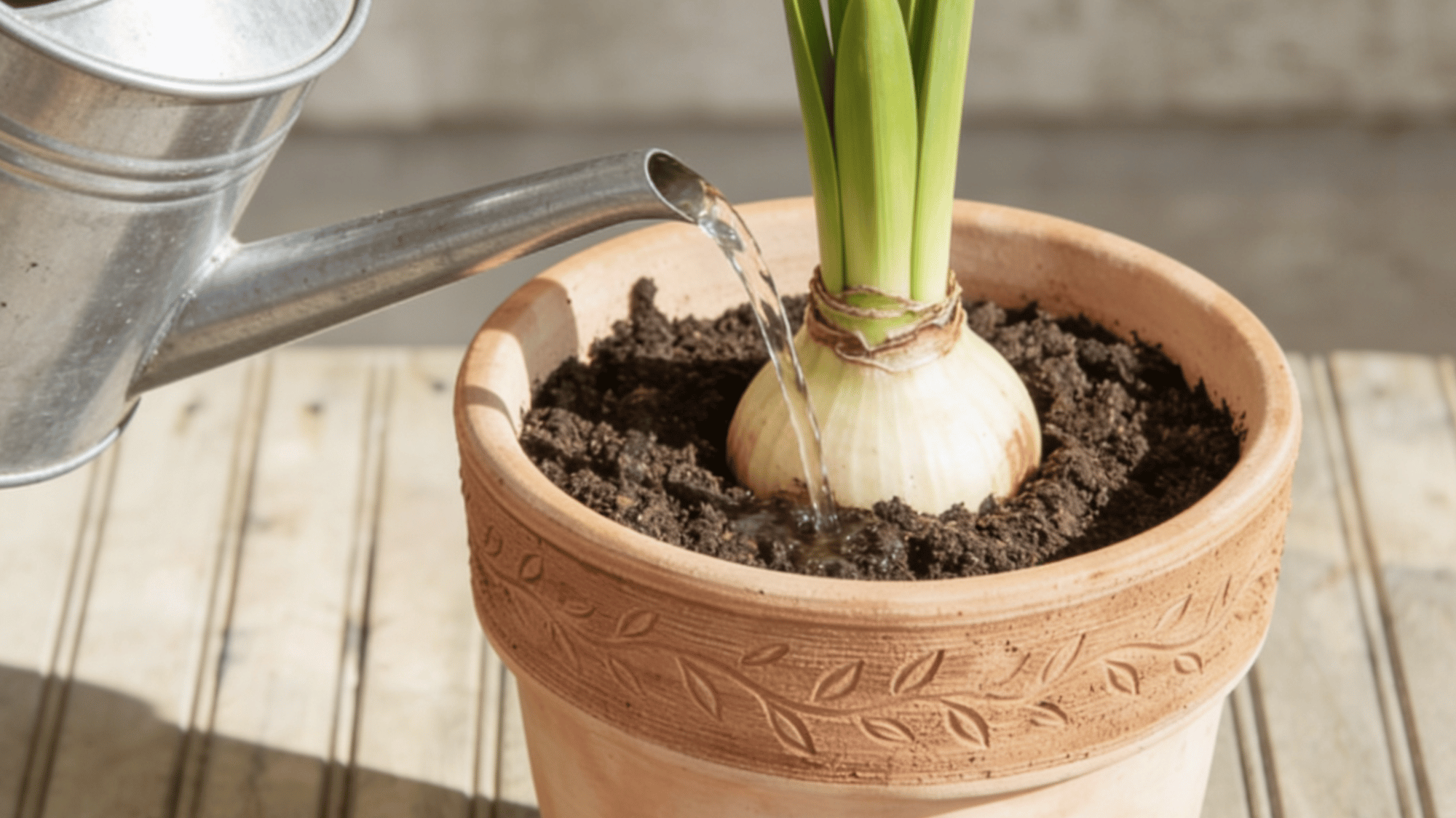 watering the amaryllis plant and keeping it in bright sunlight