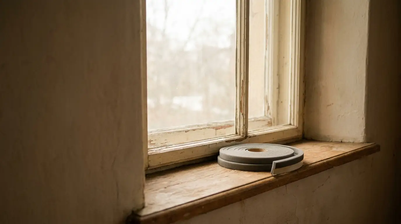 Weatherstripping coil on wooden window sill in rustic indoor setting