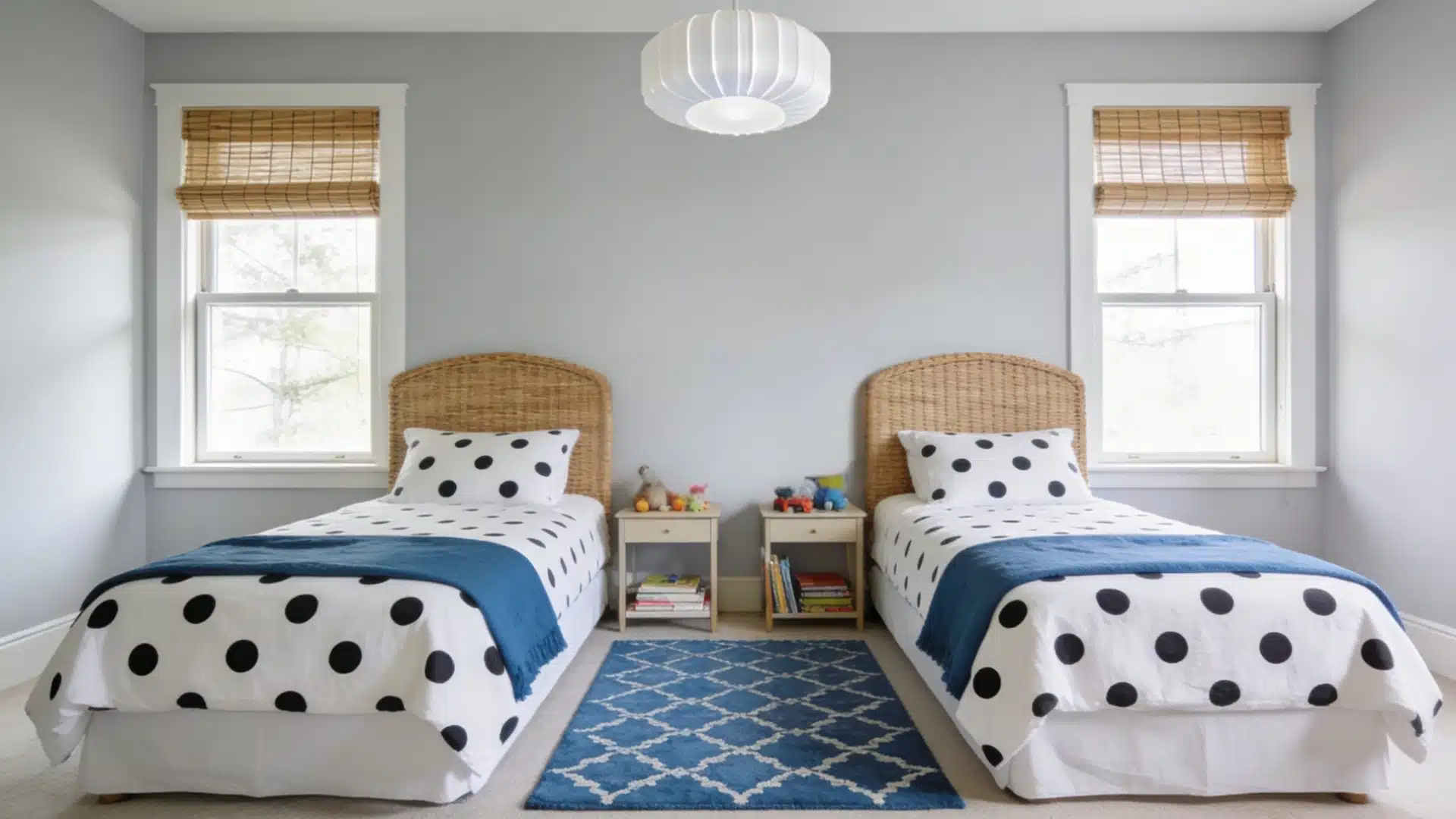 Twin bedroom with polka dot bedding, blue throws, wicker headboards, striped fabric wall hanging, and a blue patterned rug under natural light
