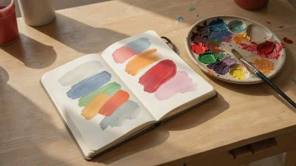 A sketchbook displays colorful paint swatches next to a paint palette and brush in an attempt to figure how to make red.