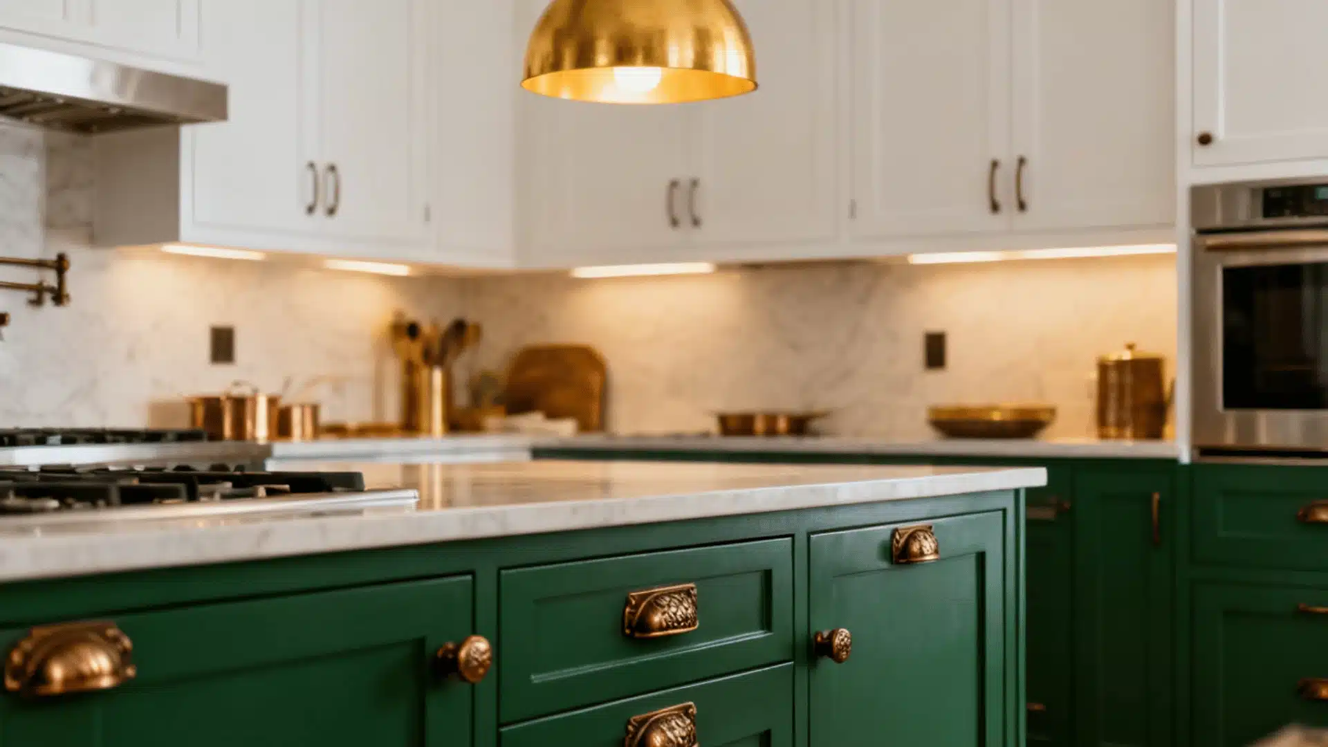 Kitchen with emerald green cabinets paired with gold and bronze accents for color contrast