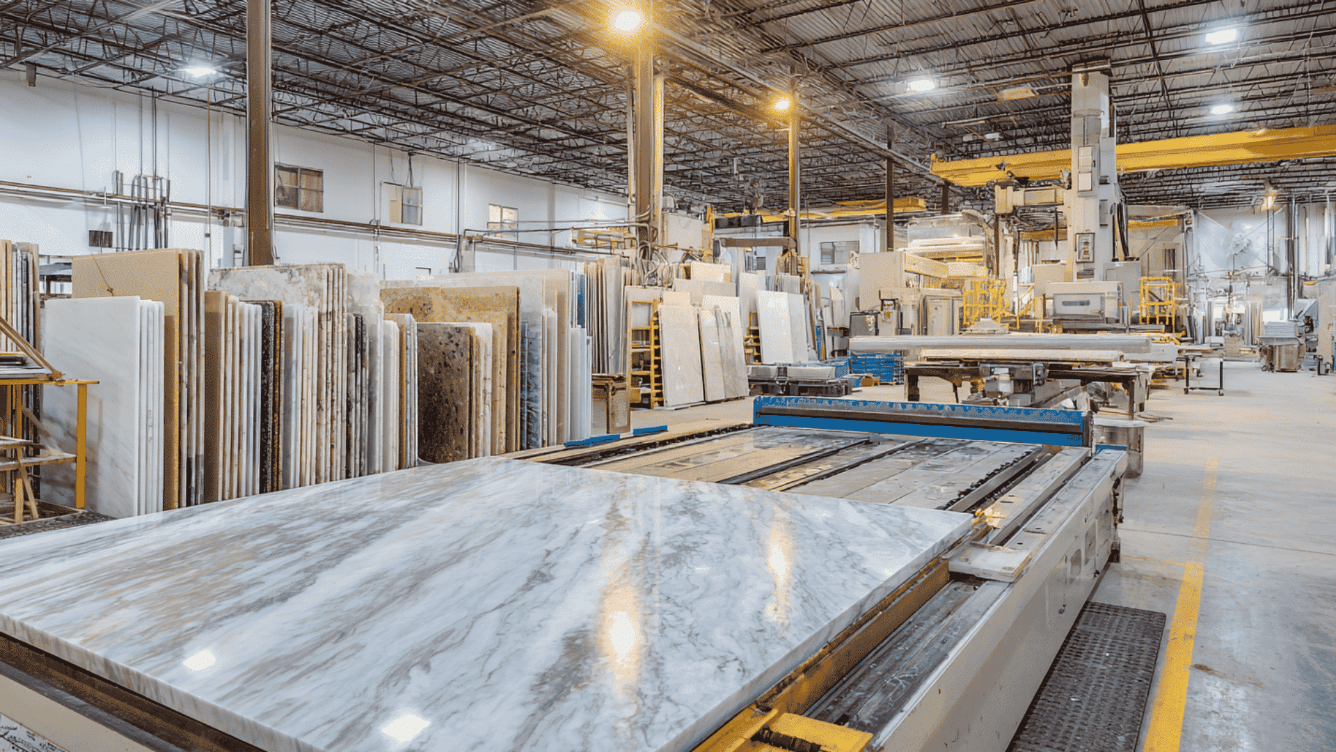 Professional stone fabrication workshop with CNC machine, polished granite slab, and stacked marble quartz slabs.