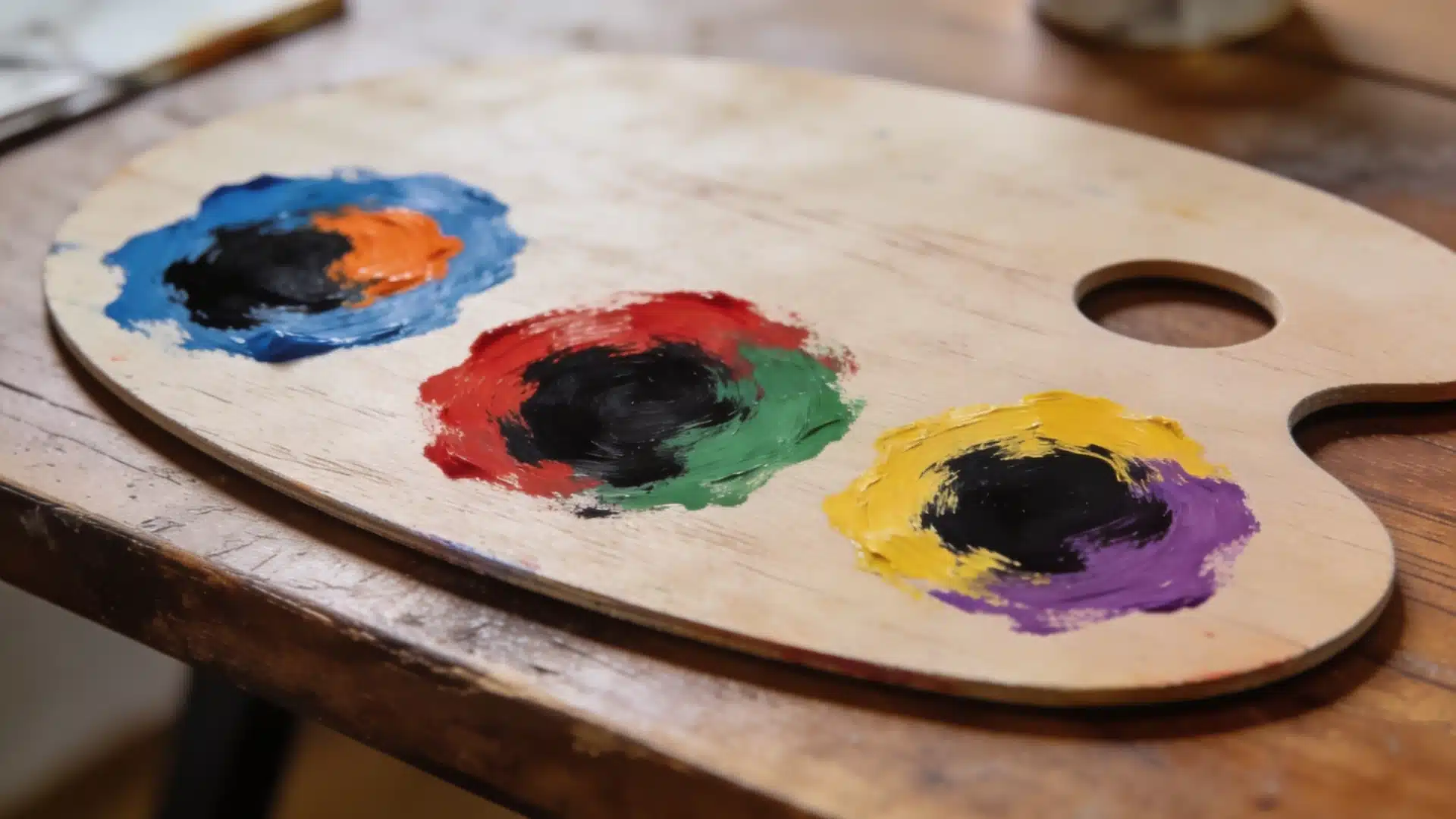 A wooden palette displaying various colors of paint arranged in a circular pattern to make black paint color