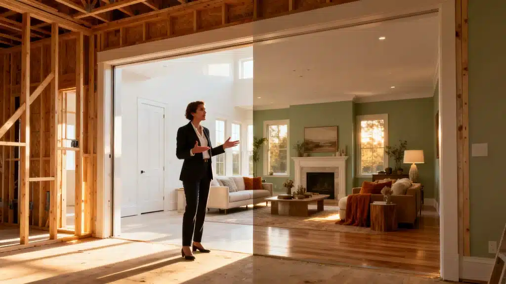 Architect discussing renovation in a partially completed living room with green walls and fireplace