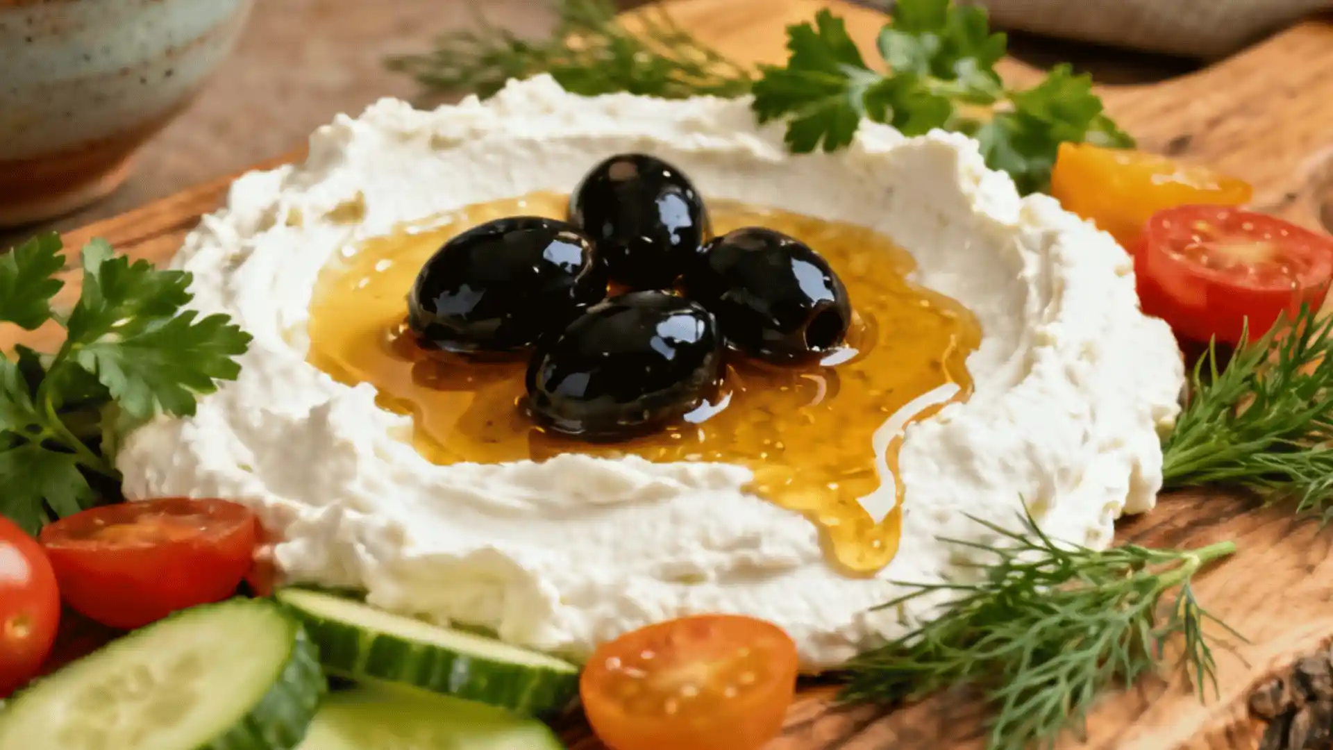Creamy cheese spread topped with olives and honey, garnished with cherry tomatoes, cucumber slices, and fresh herbs.