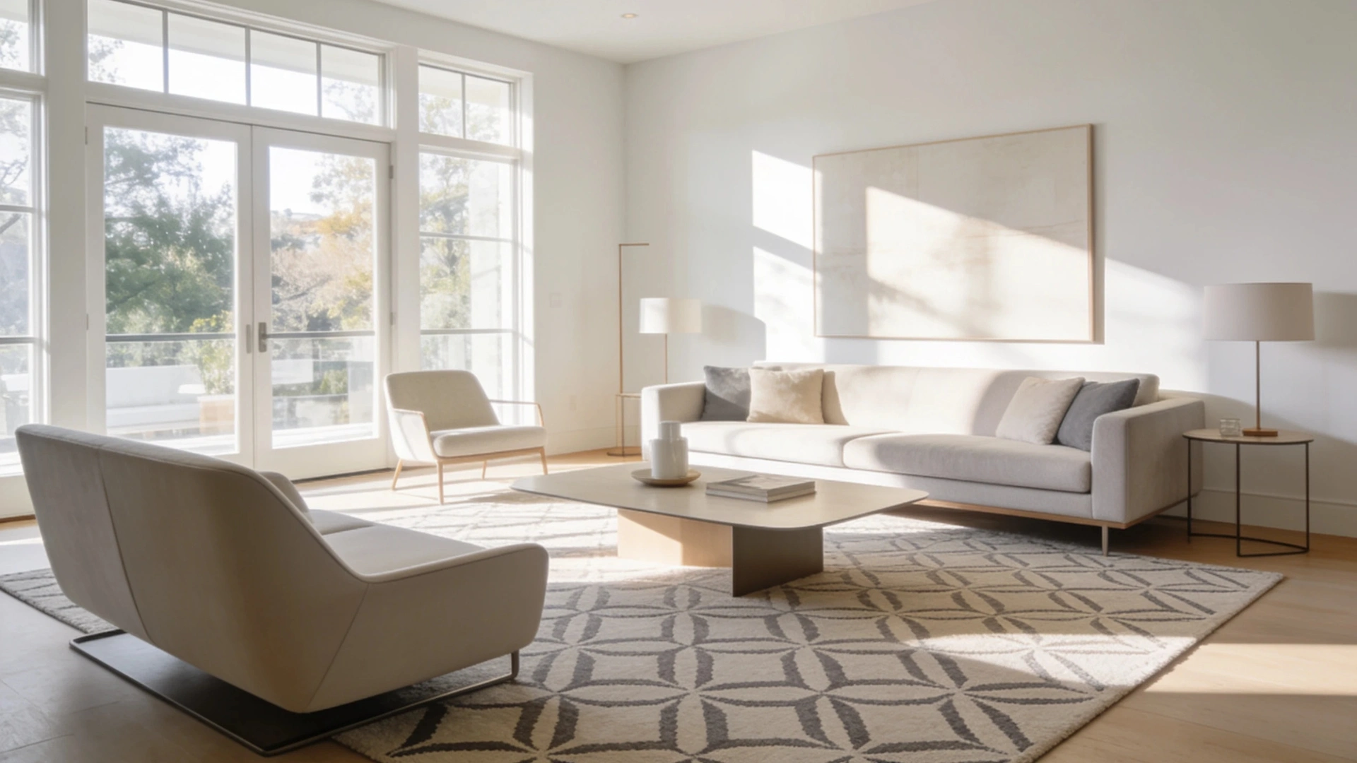A sunlit modern living room with neutral-toned furniture, a large patterned rug, and floor-to-ceiling windows.