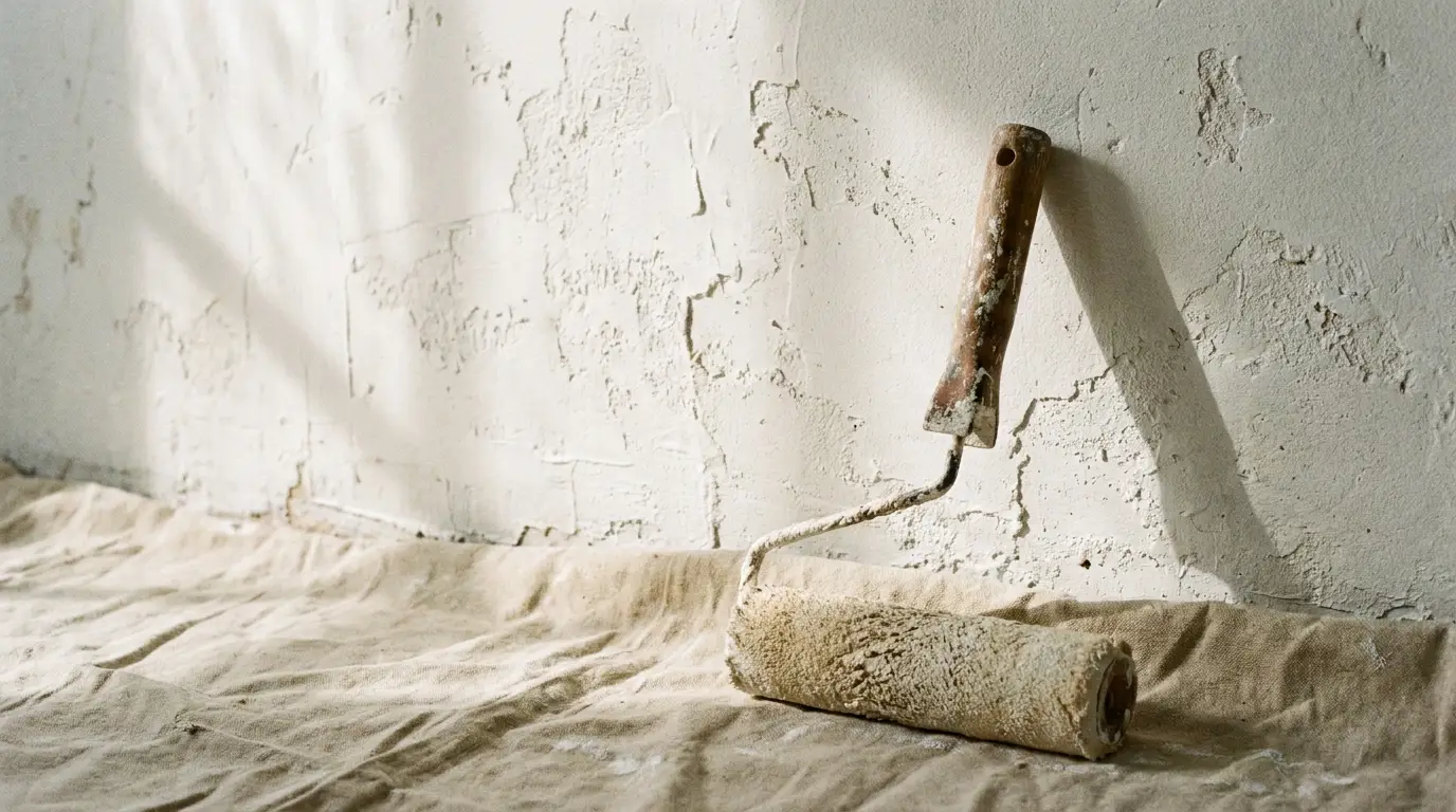 Paint roller with worn handle resting against textured wall on drop cloth in natural light