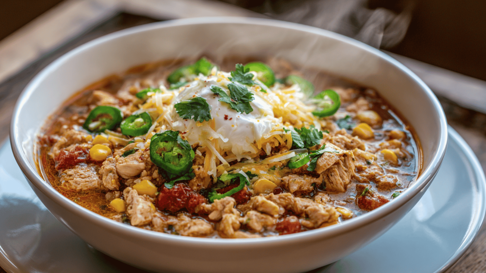 A comforting bowl of thick white turkey chili made with lean ground turkey and white beans, topped with a dollop of creamy Greek yogurt and fresh green cilantro leaves.