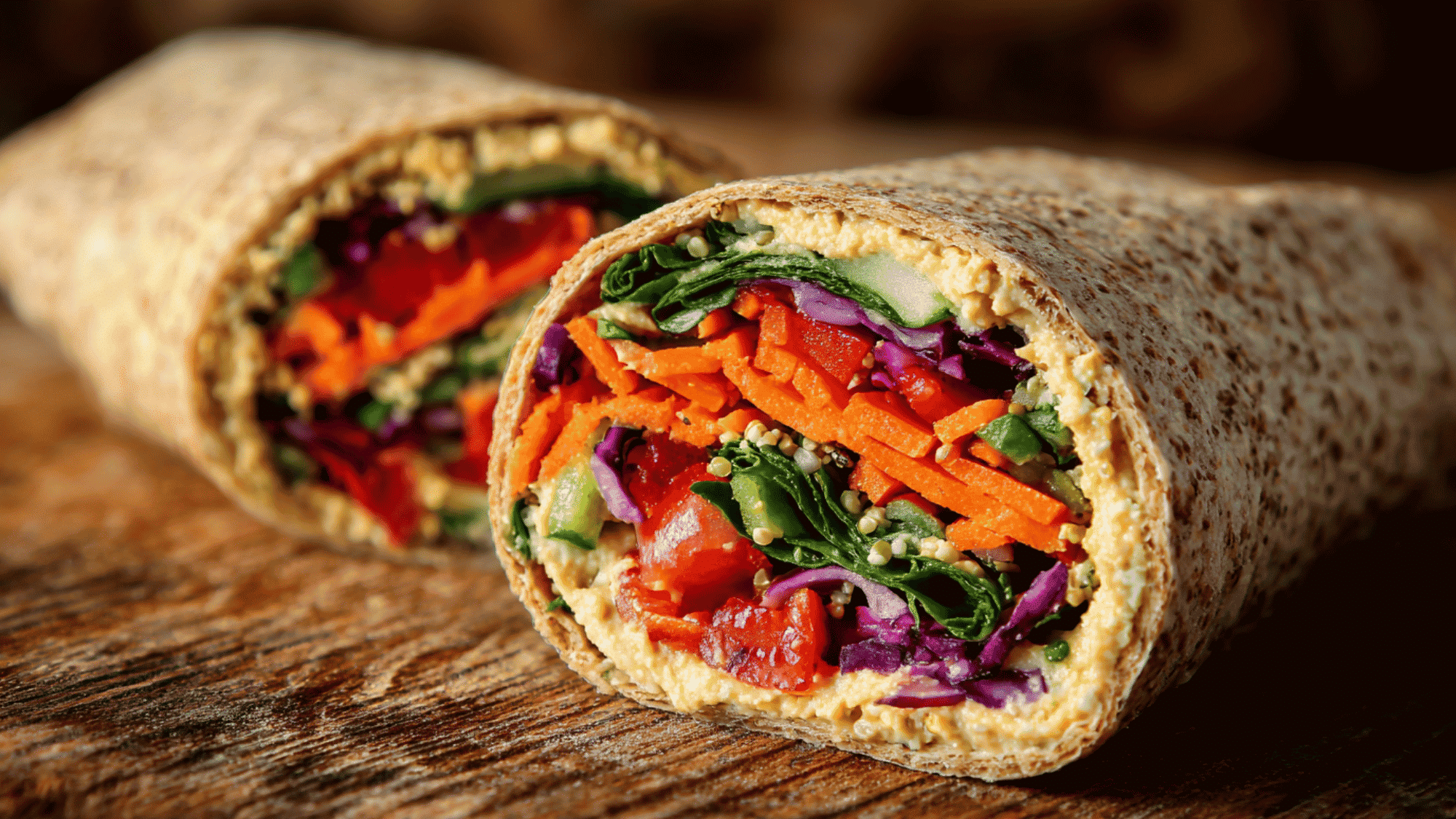 A tightly wrapped whole grain tortilla sliced cleanly in half, showcasing a colorful layered filling of creamy hummus, crisp cucumber slices, shredded carrots, vibrant fresh spinach, and tender roasted red peppers.