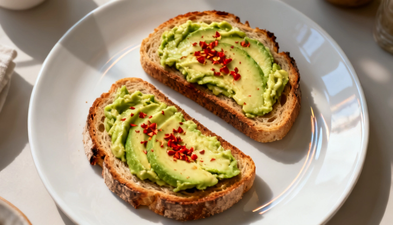 Two slices of avocado toast topped with red pepper flakes sit on a white plate.