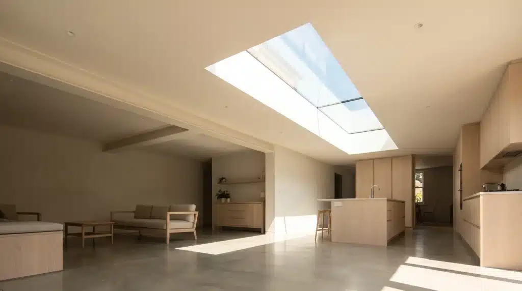 Spacious modern living room with skylight and minimalist furniture in neutral tones