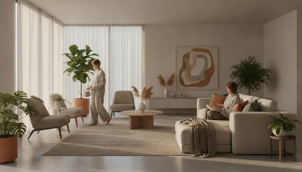 Modern living room with two people, potted plants, beige furniture, and large abstract painting
