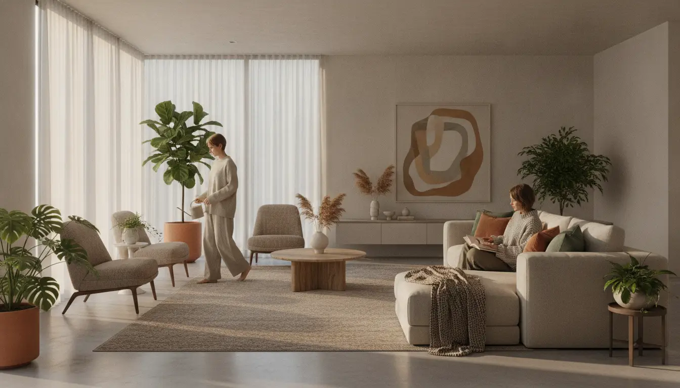 Modern living room with two people, potted plants, beige furniture, and large abstract painting