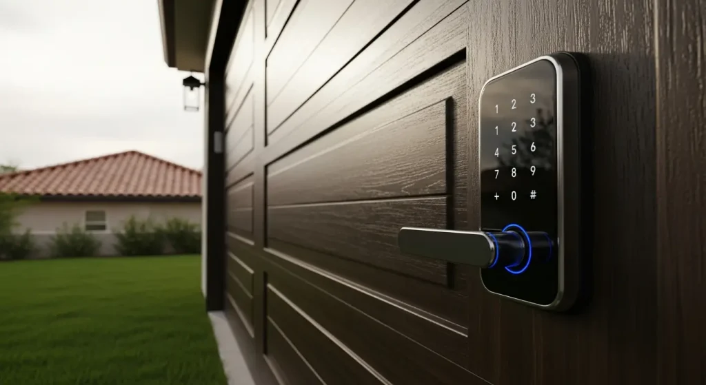 Digital door lock with keypad on modern wooden garage door in residential area