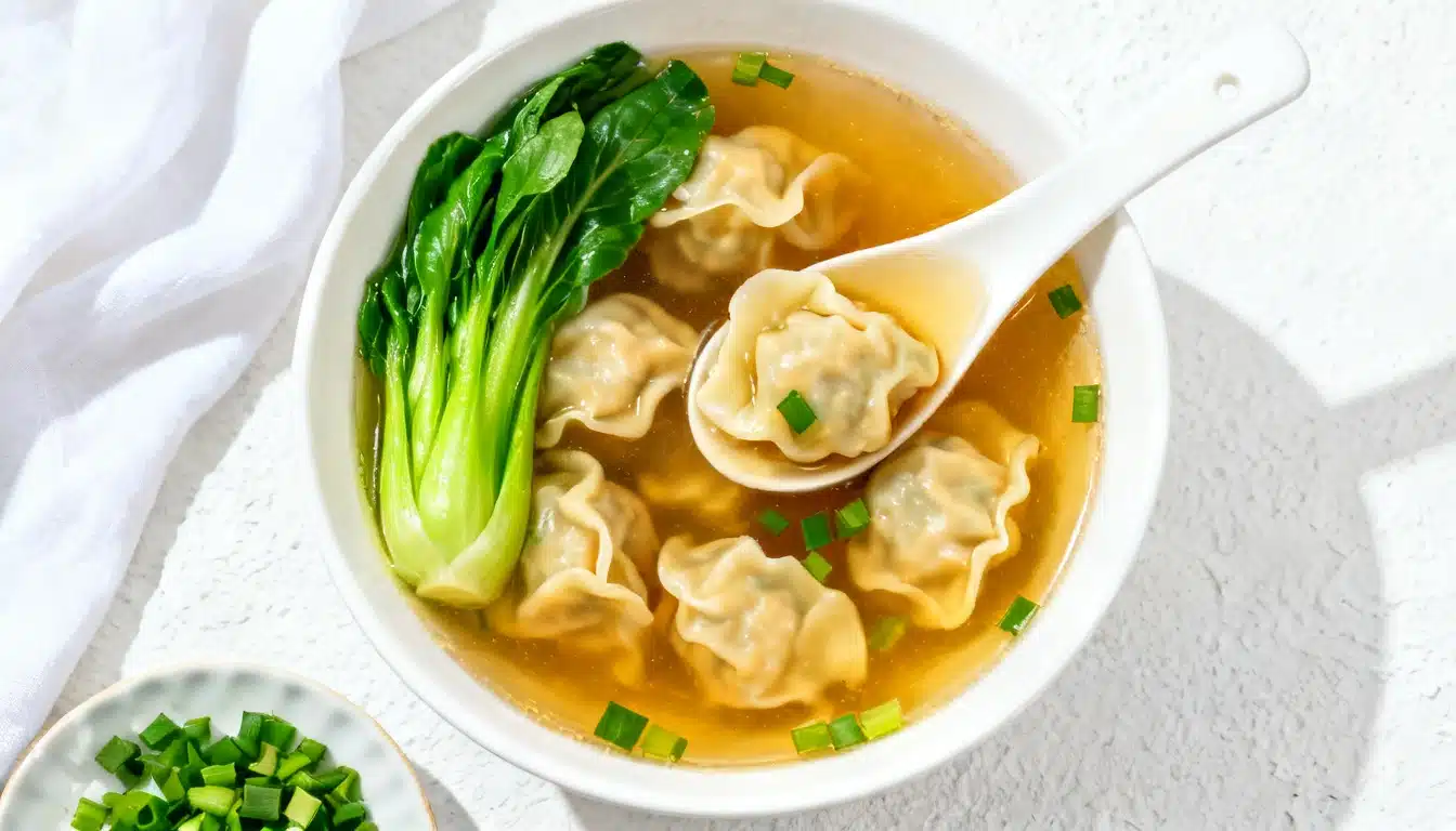 A bowl filled with Chinese dumplings, surrounded by broth and colorful vegetables.