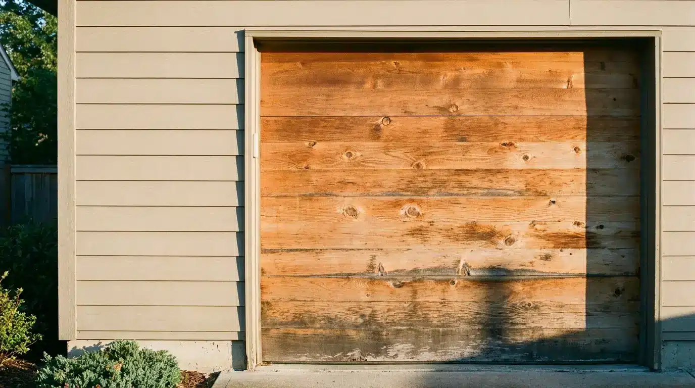 Wooden garage door under warm sunlight with beige siding and surrounding greenery