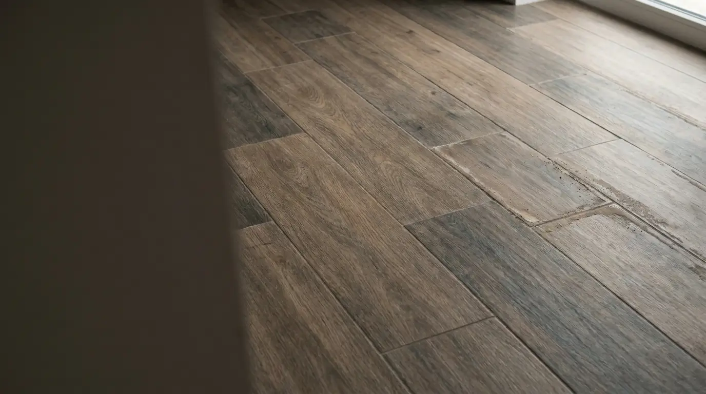 Wooden flooring with visible tiles and natural grain in a softly lit interior space