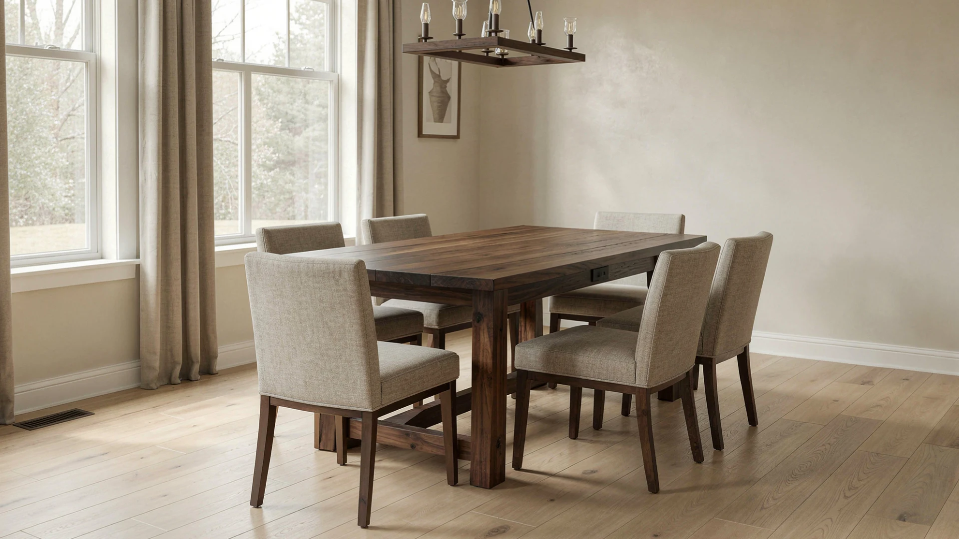 A rustic dark wood dining table with six upholstered chairs is set in a bright room with large windows and neutral decor