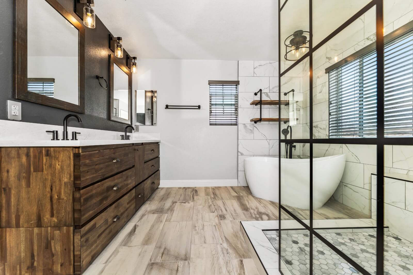 Custom shower and freestanding tub - bathroom remodel by Elements Design & Build