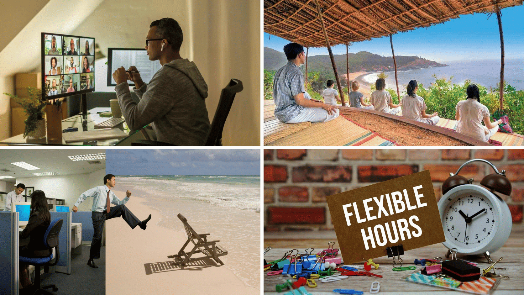 Collage of work-life balance activities featuring remote work, mindfulness, flexible schedules, and vacation time.