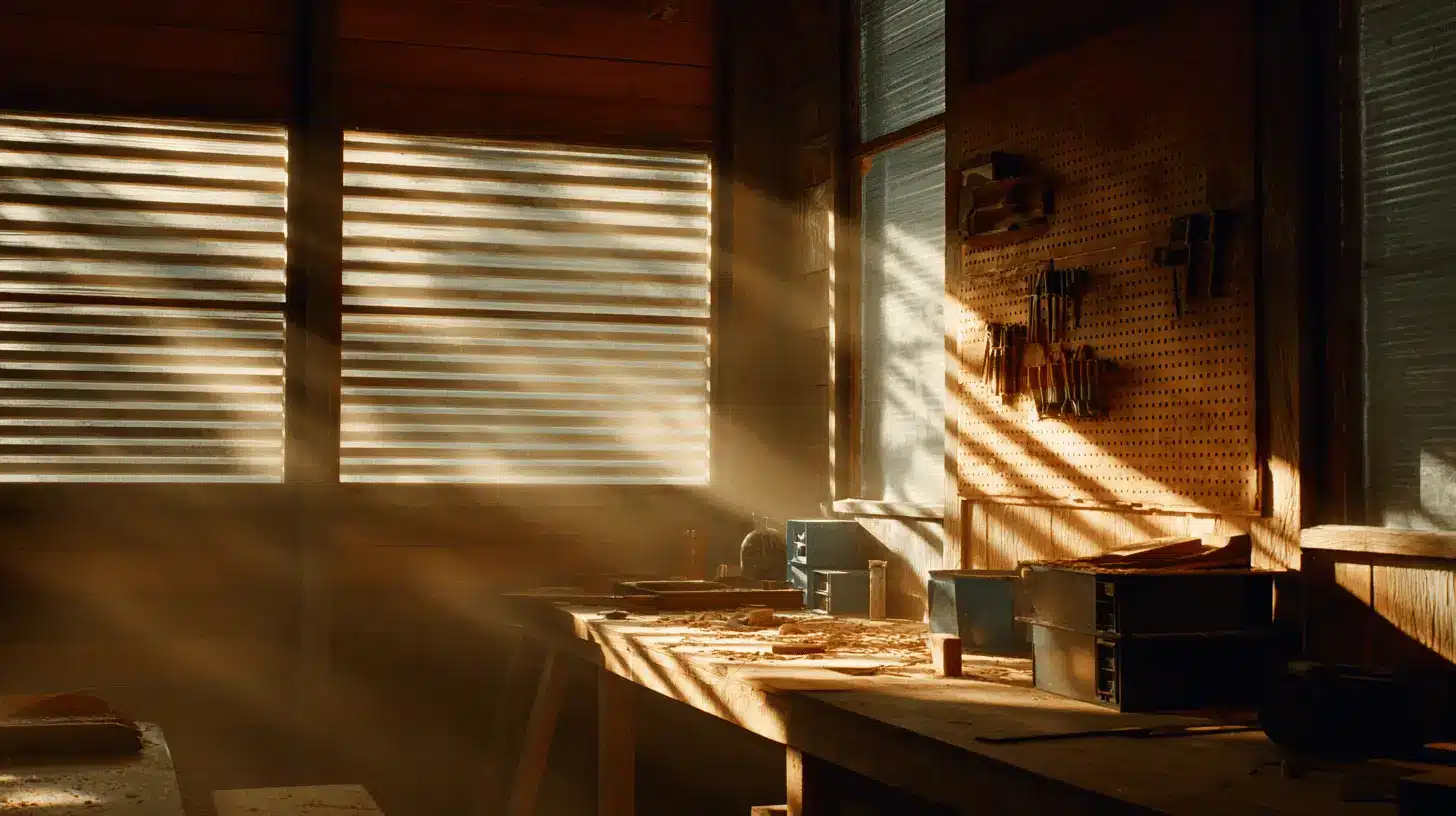 wooden workshop interior with louvered window casting light stripes across a workbench covered in wood shavings