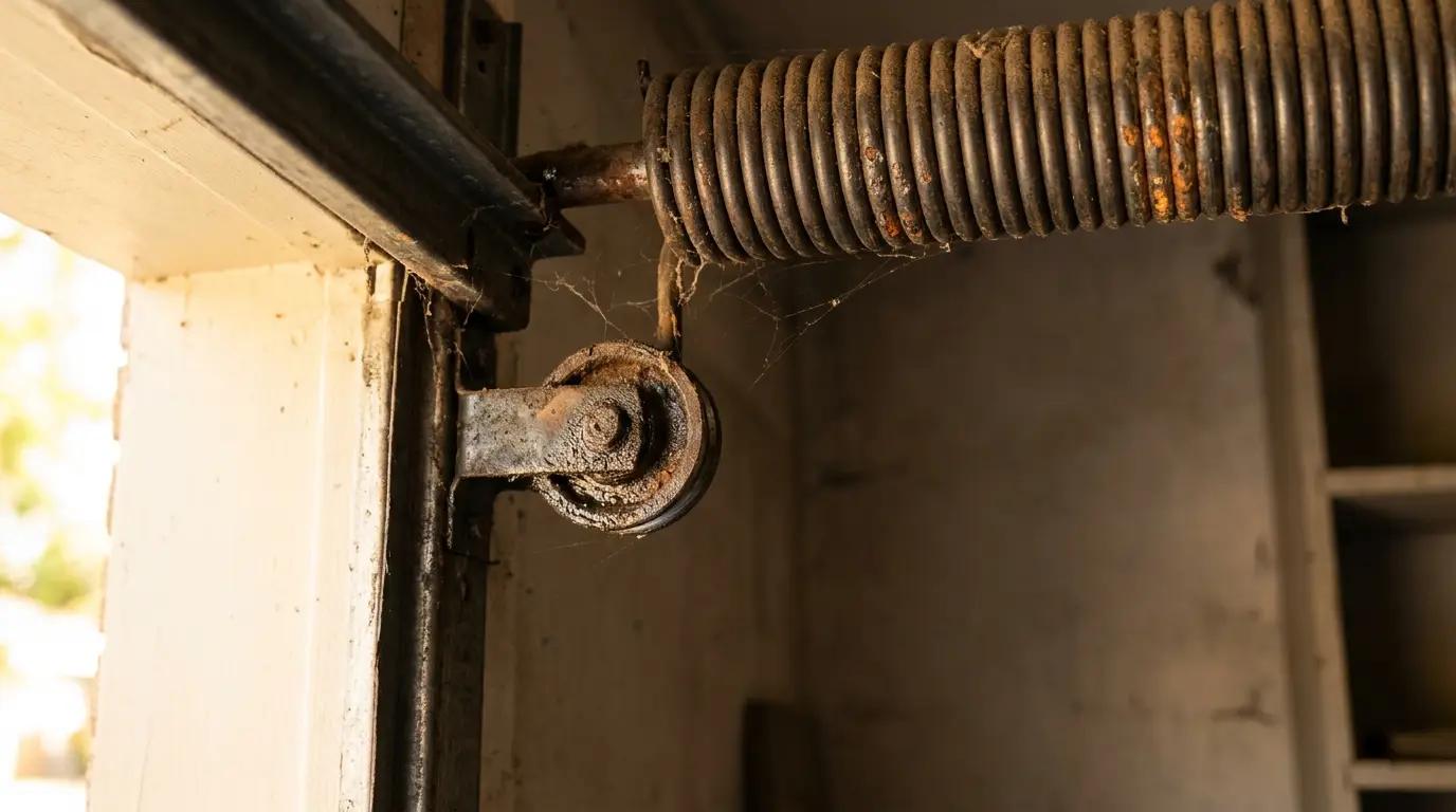 Rusty garage door torsion spring and pulley with cobwebs in dimly lit garage