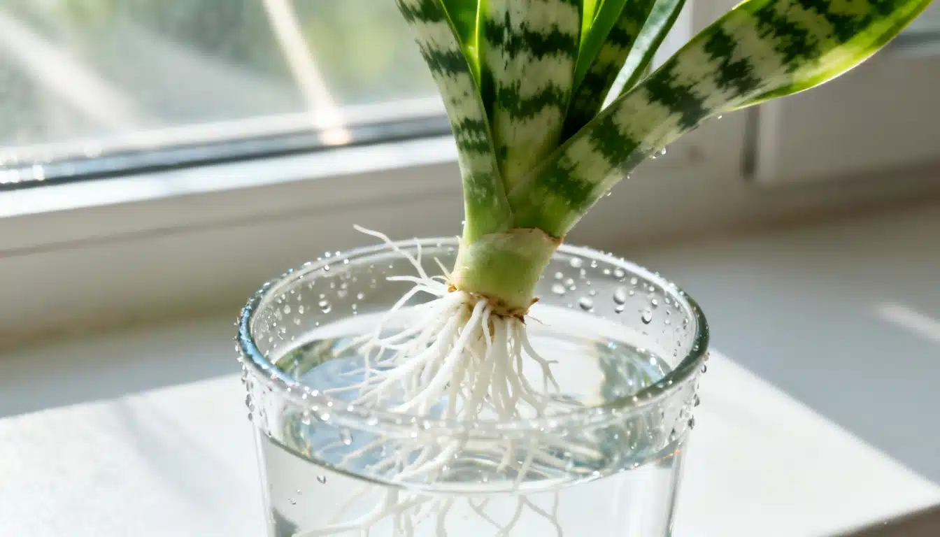 A zebra plant cutting with developed white roots sits in a glass of water.