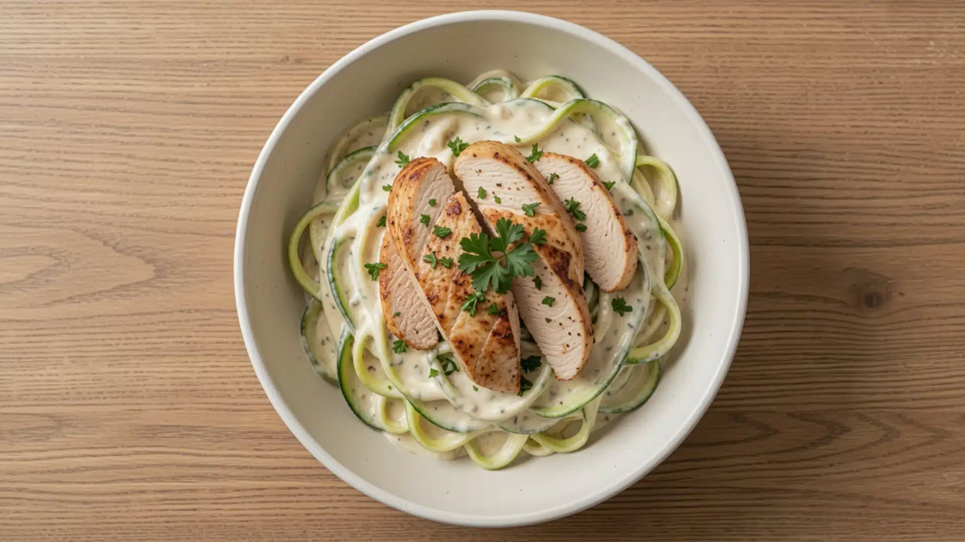 Sliced grilled chicken breast served over creamy zucchini noodles in a white bowl on a wooden table