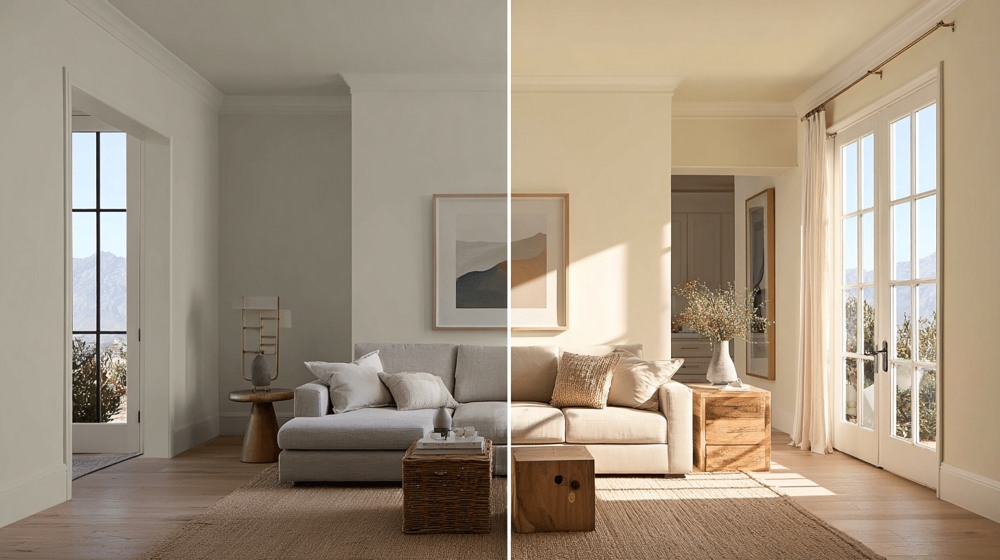 a comparison of a living room with cool-toned white paint on the left and warm-toned cream paint on the right