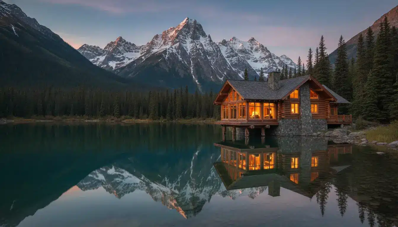 Cozy cabin with glowing windows on a lake, surrounded by mountains and pine trees at dusk
