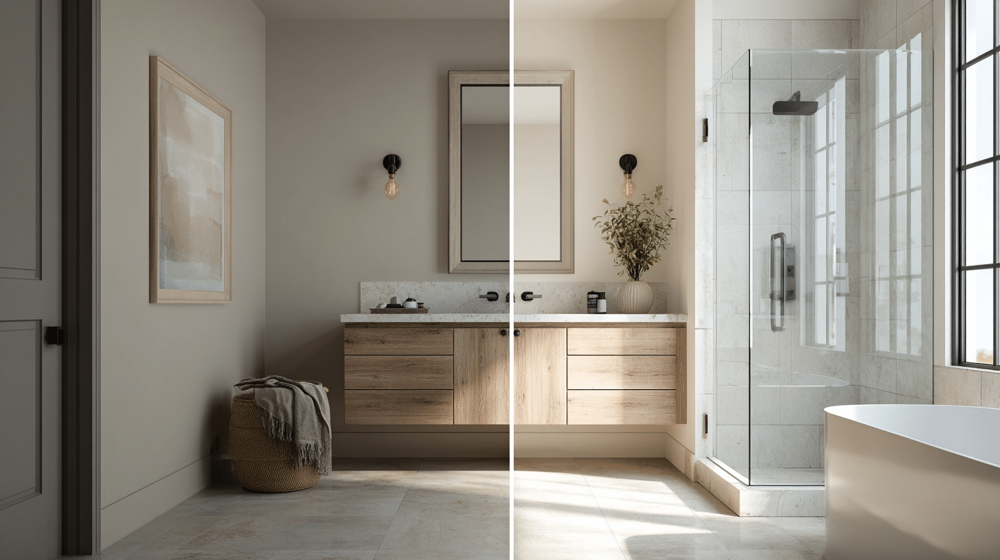 a comparison of a bathroom with a double wooden vanity, showing the left side in dim, overcast lighting and the right