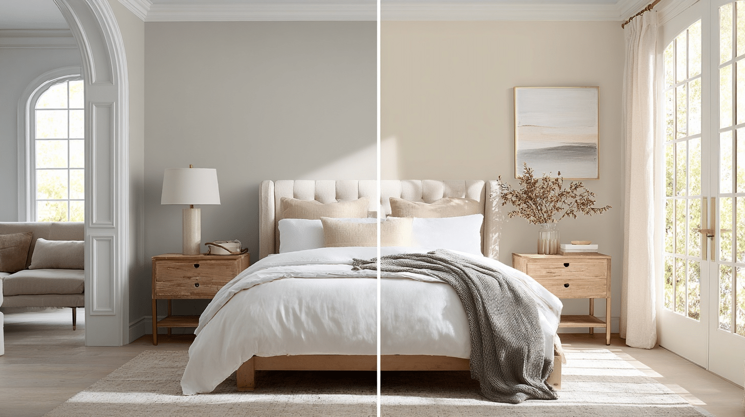 a comparison showing a bedroom painted in two different neutral paint colors, with a headboard, bedding, and nightstands