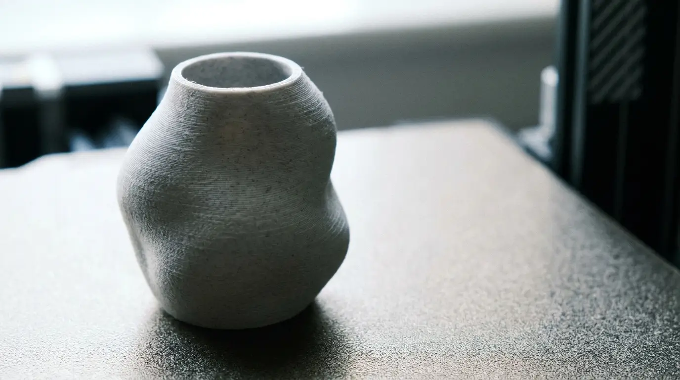Unevenly shaped ceramic vase on textured surface in soft natural light