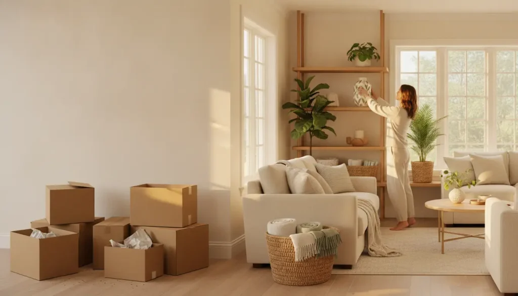 Woman arranging decor on wooden shelves in a sunlit living room with moving boxes and plants
