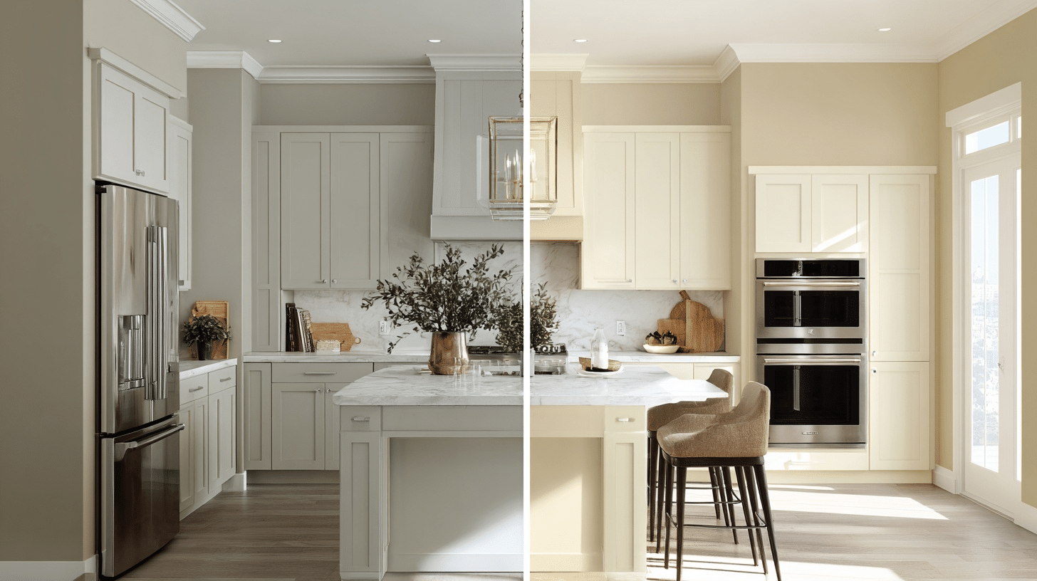 side-by-side comparison of a modern kitchen showing different paint color palettes on the walls and cabinets