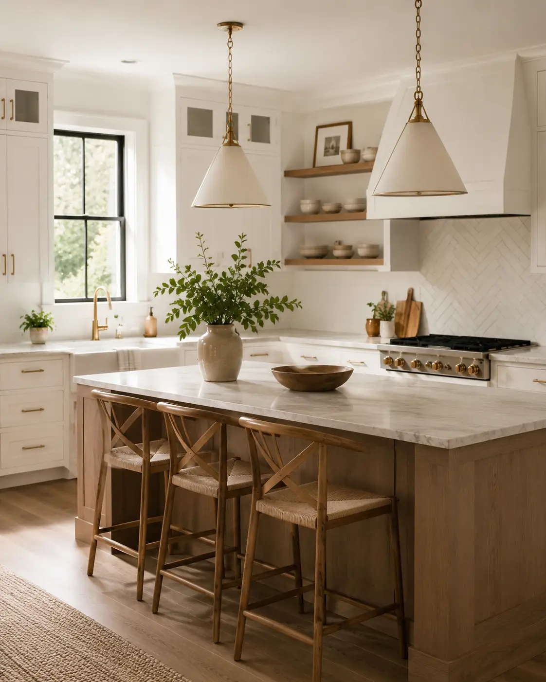 Modern kitchen with marble island, wooden stools, brass fixtures, and open shelving with ceramics