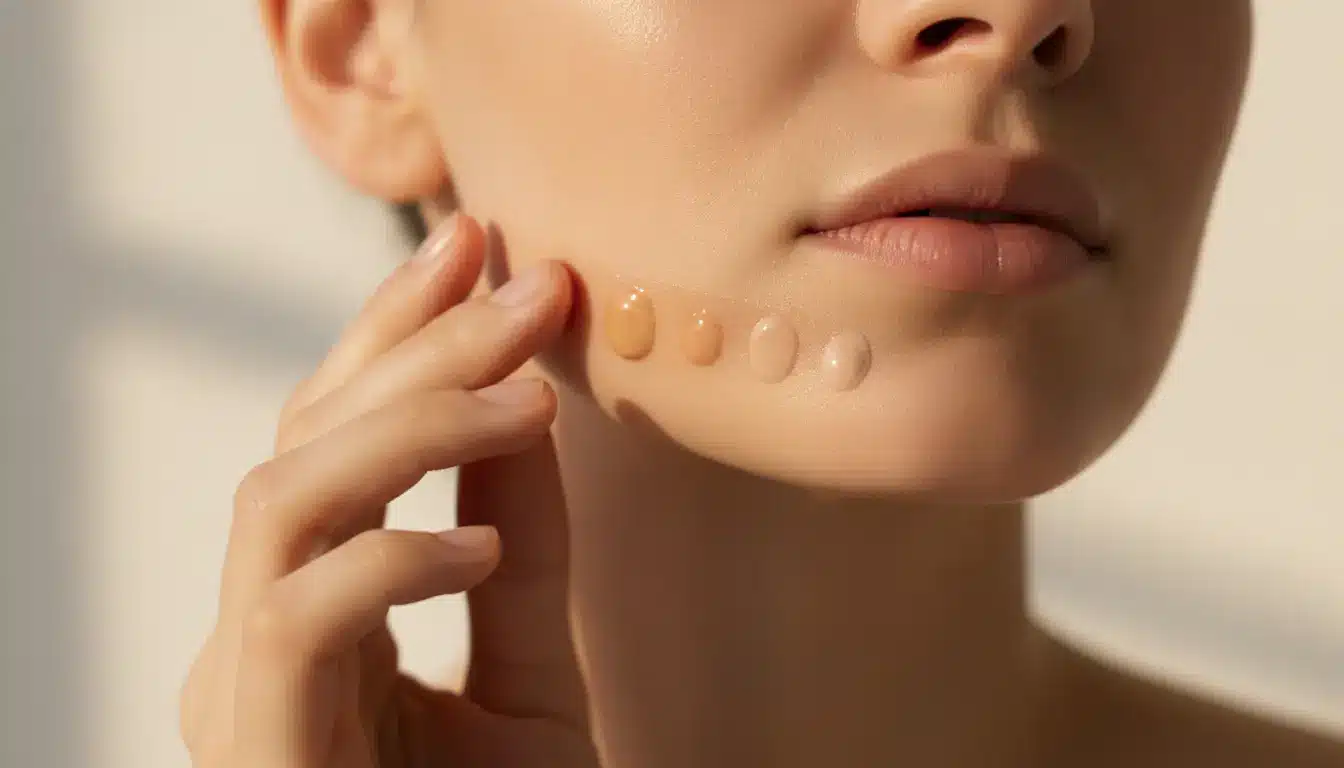 Close-up of a woman's face with different foundation swatches on her cheek