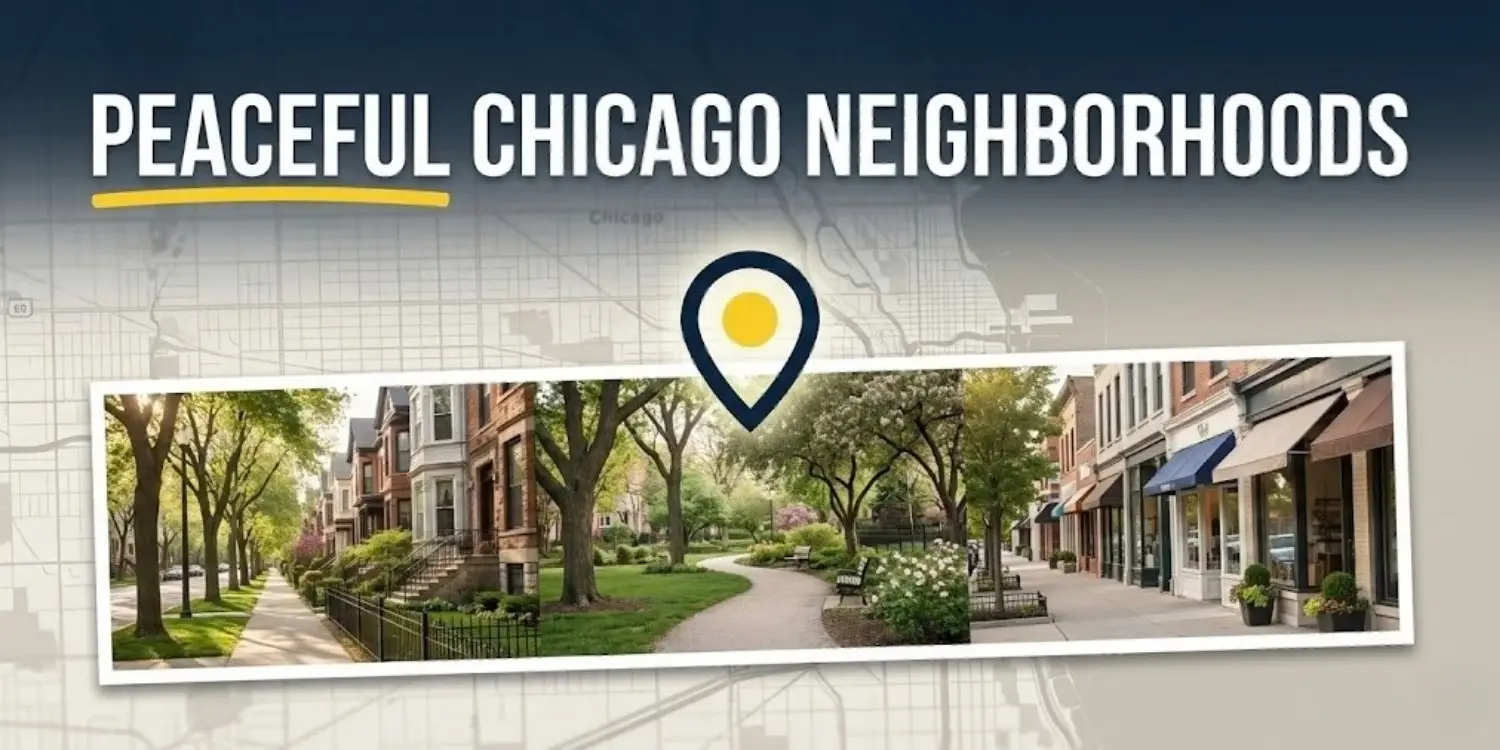 Scenic Chicago neighborhood street with trees, brick buildings, and sunlit pathway