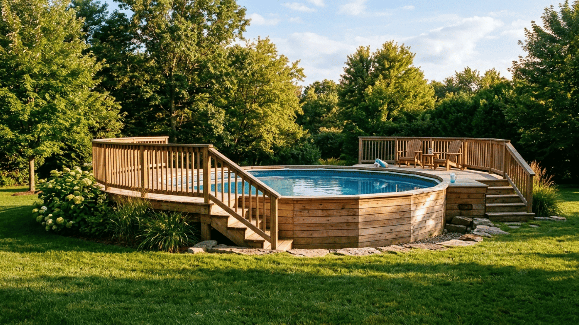 above ground pool surrounded by a cedar wood deck