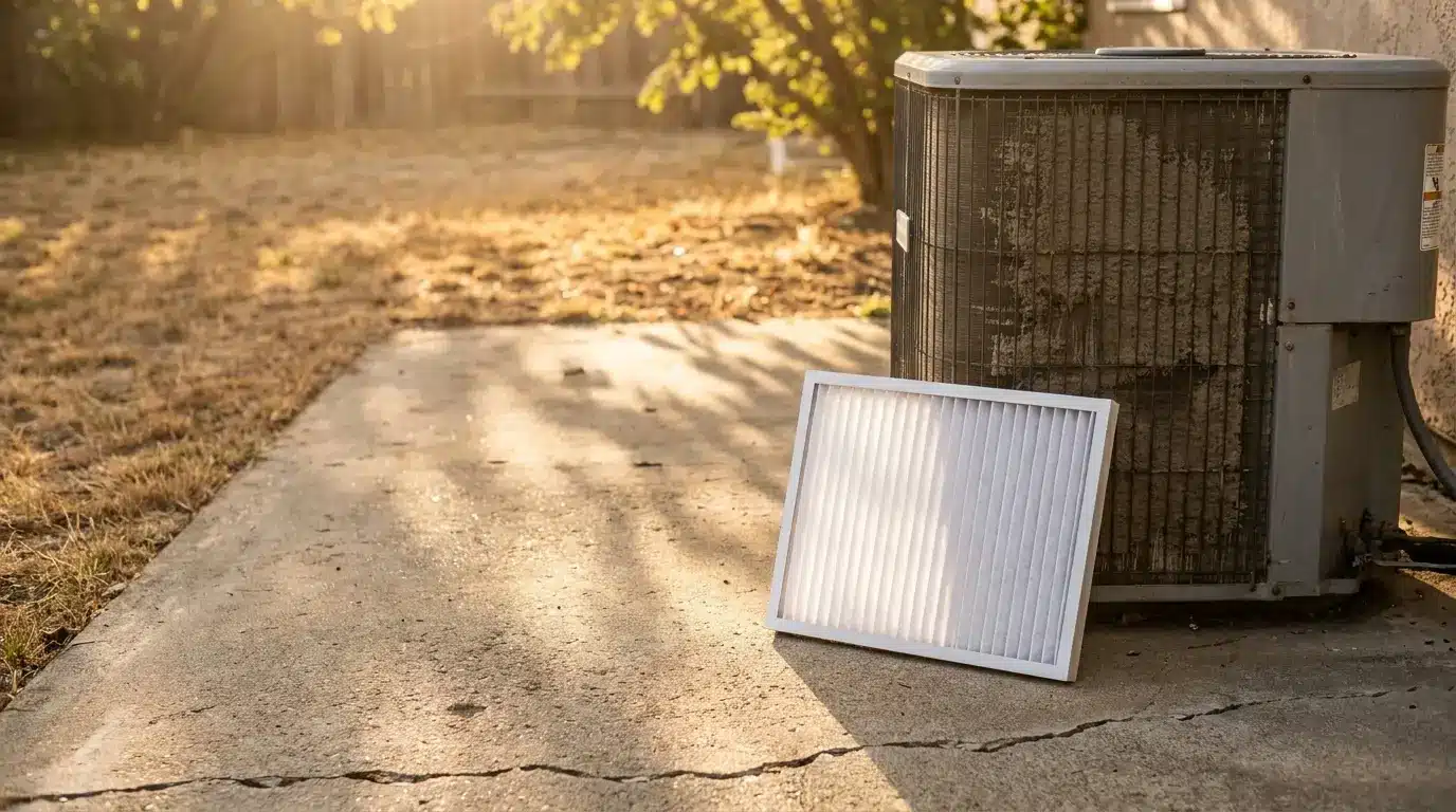 Air conditioner unit with a clean filter on concrete in a sunny outdoor setting