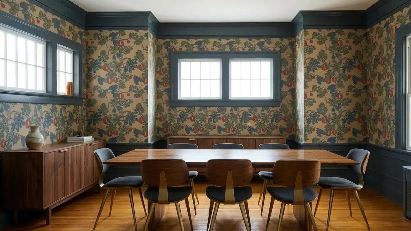 A dining room featuring a wooden table surrounded by chairs, accented by patterned wallpaper.