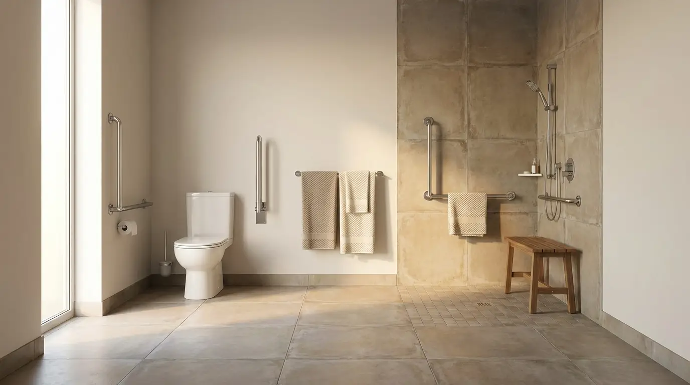 Accessible bathroom with grab bars, beige tiles, and wooden bench under soft lighting