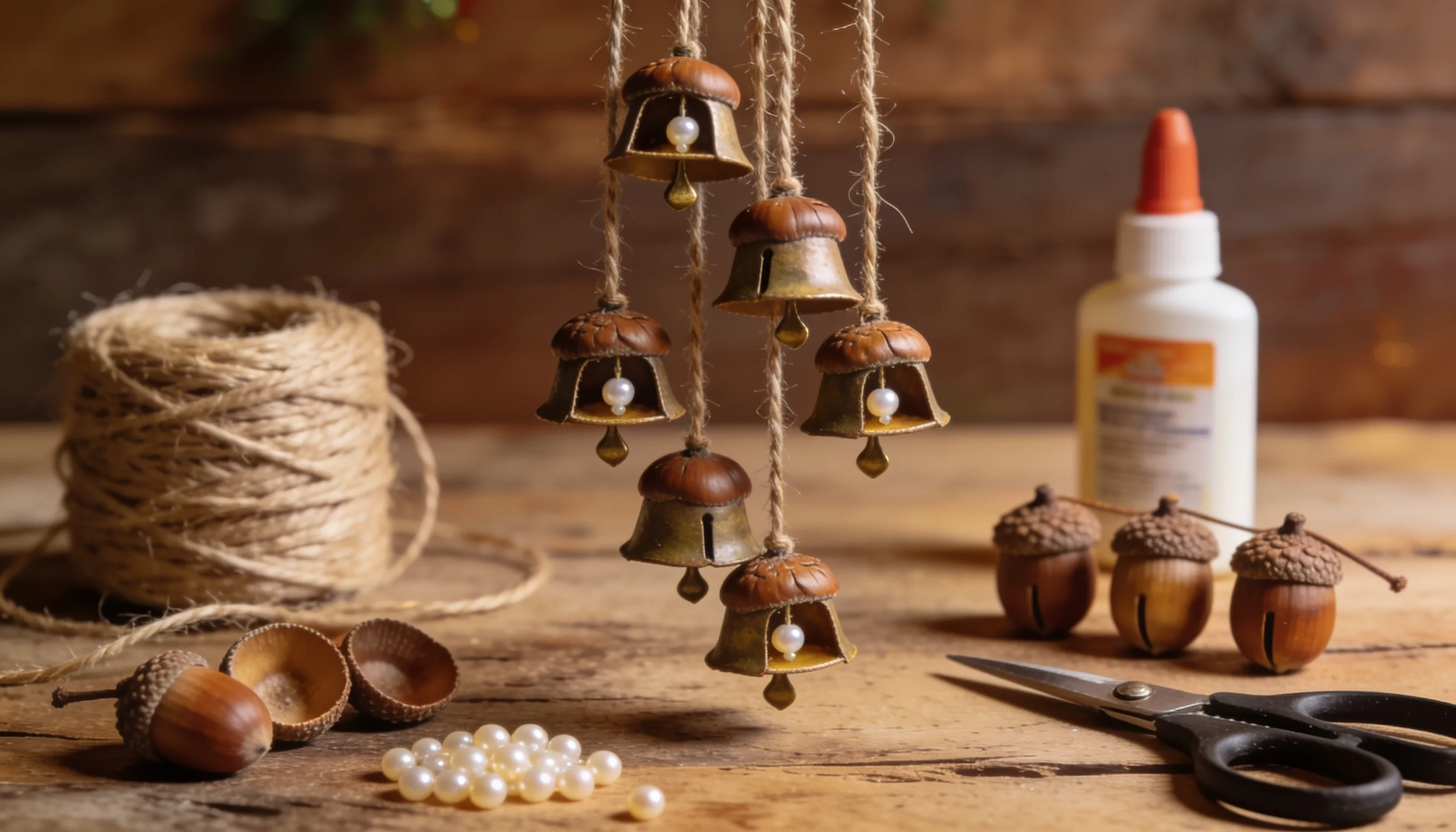 Handmade acorn and pearl bells hang on twine, with craft supplies including acorns, pearls, glue, and scissors, scattered on a wooden surface.