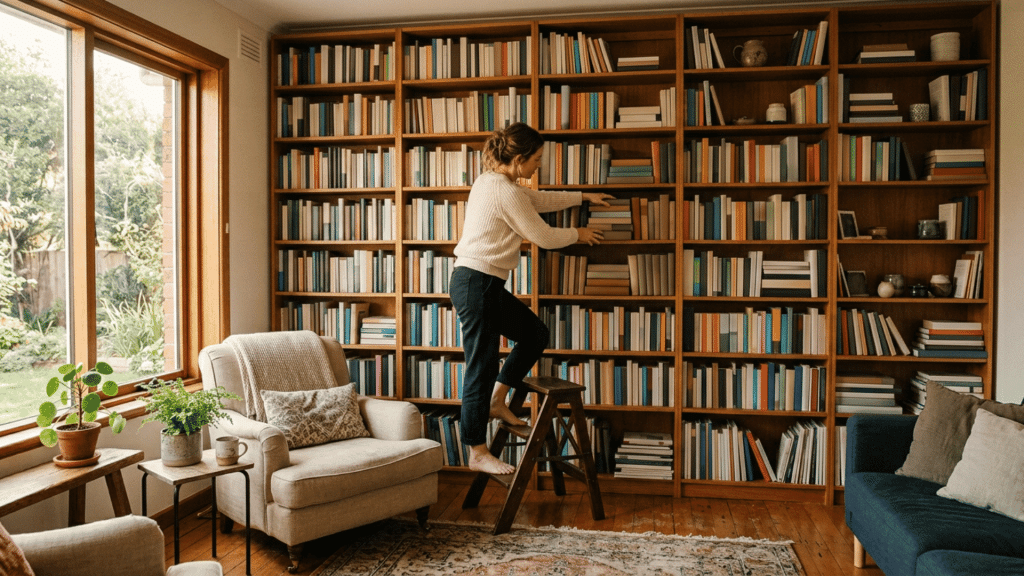 person adjusting books on a tall wooden bookshelf in a bright home living room