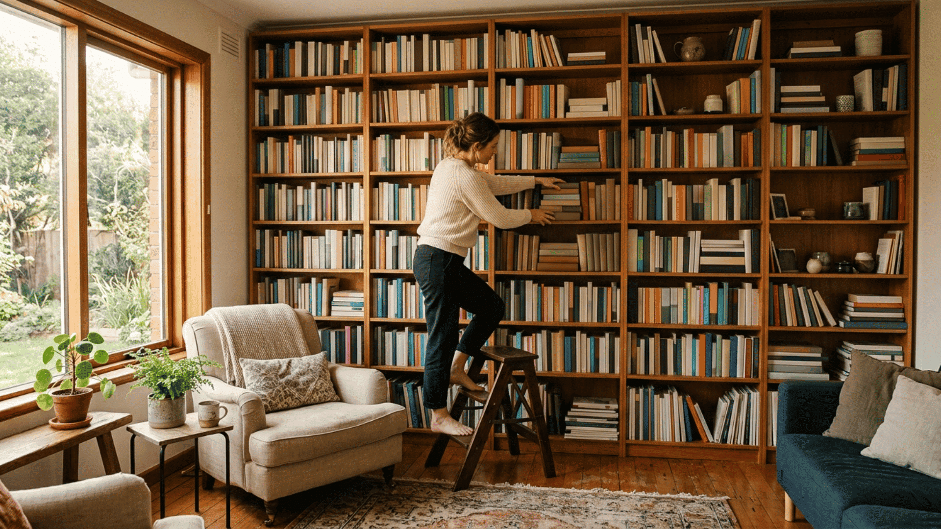 person adjusting books on a tall wooden bookshelf in a bright home living room