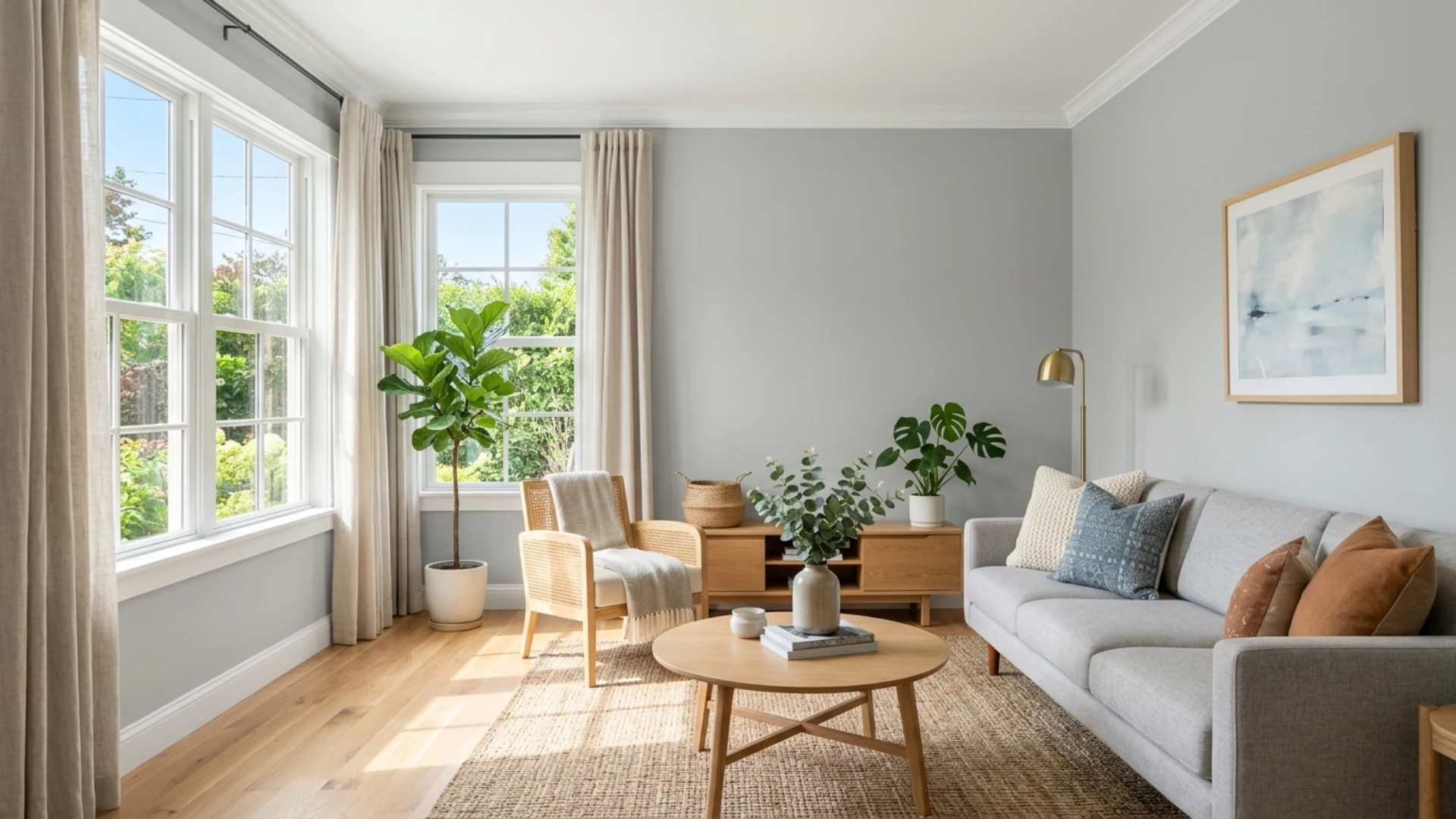 modern living room with light gray walls, a sofa, a coffee table, and several potted plantsositioned near large, sunlit windows