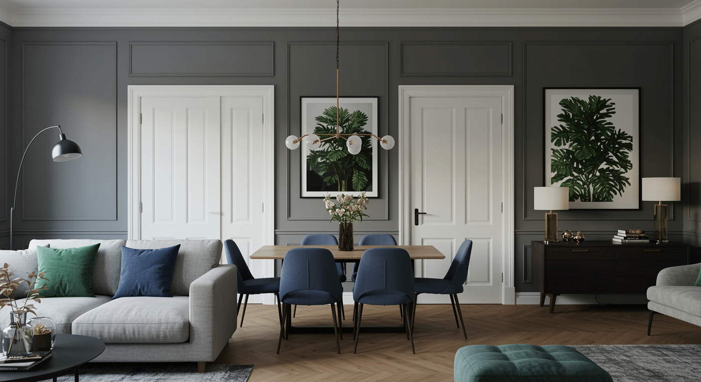 Dark gray dining room with white doors, navy chairs, gray sofa, and botanical wall prints.