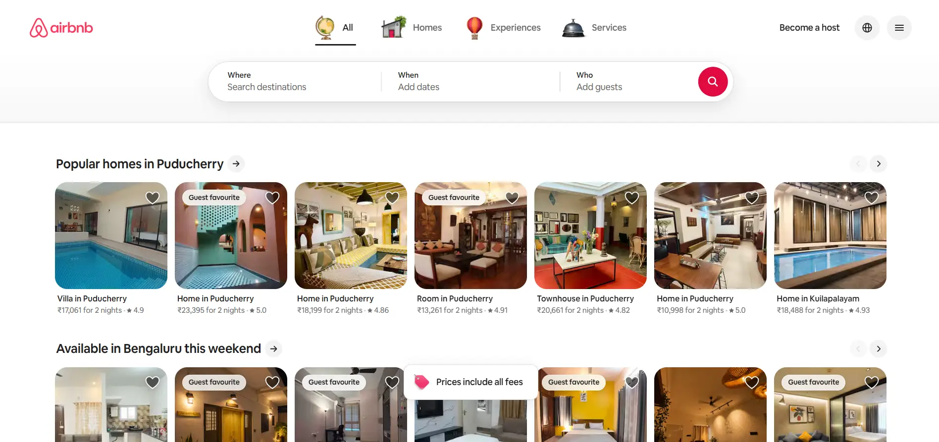 Digital interface displaying listings of popular homes in Puducherry with images and prices